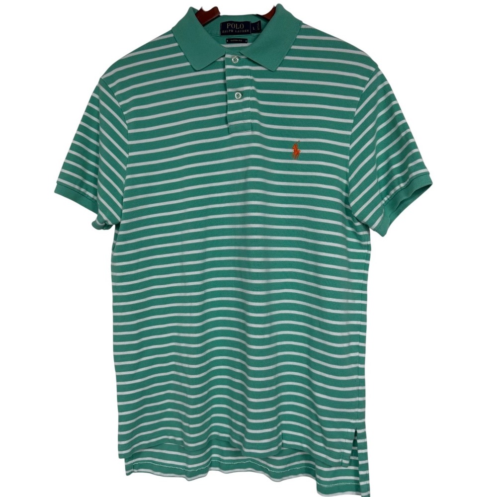 Polo Ralph Lauren Mens Custom Fit Striped Polo Shirt Green White Large L